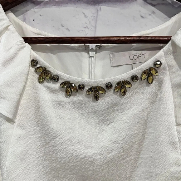 LOFT Size 6 Ivory Jewel Collar Embellishment Neck Flutter Sleeve Party Dress - Picture 6 of 13